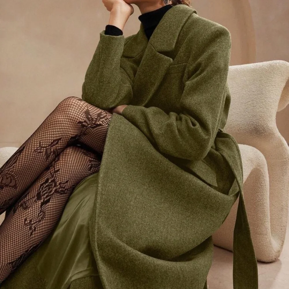 Luxury Long Pea Coat Belted Jacket dark Brown - Picture 9 of 13